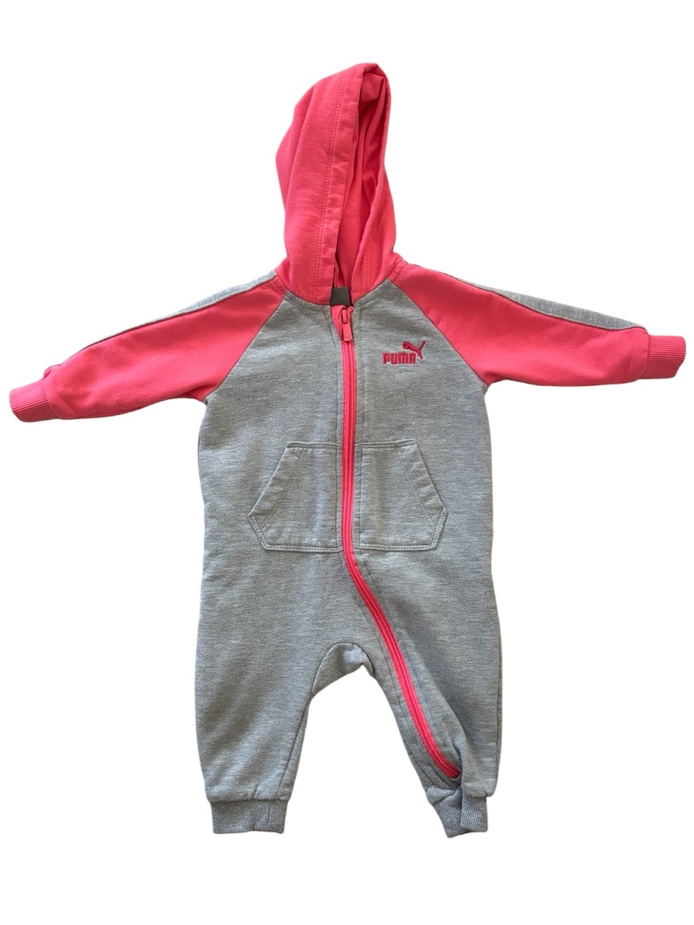 10/$15 Puma Gray and Pink Hooded Baby One-Piece Romper